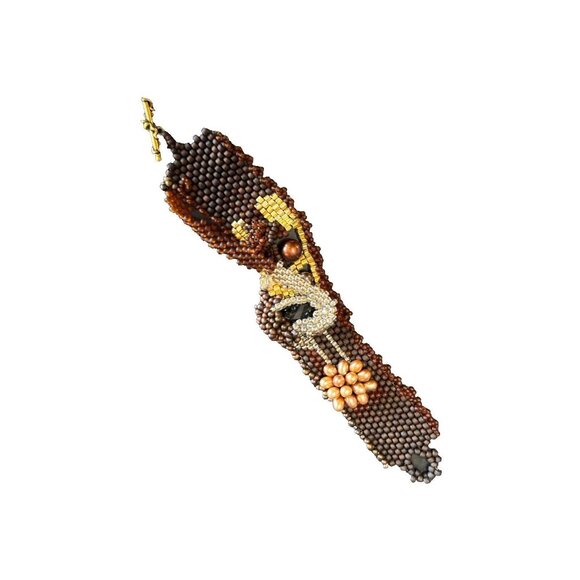 Artisan Peyote Stitch Bracelet Faceted Onyx Stone Center Glass Quartz Pearl Bead - Picture 4 of 7